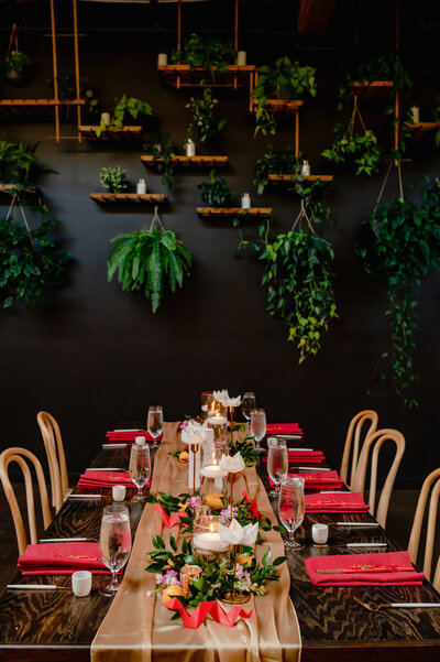 Black, green and red wedding decor  at The Arbory in Chicago, IL.