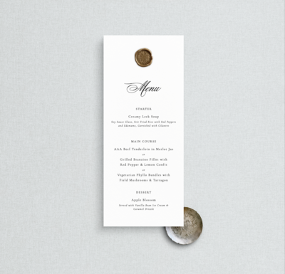 Custom wedding menu card in Ontario, Canada – elegant and personalized wedding stationery design.