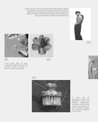Black and white social media template featuring floral photography and placeholder text. The images have numbered labels and clean, minimal layouts.