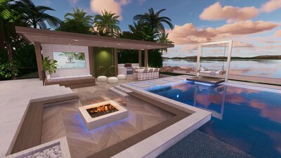 Luxury backyard with a sunken firepit, pergola with outdoor kitchen, and pool