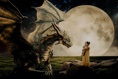 fantasy night scene image with a little girl in  a yellow nightgown with a teddy bear and her dragon friend
