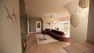 realistisch 3d interieurontwerp VR bril  woonkamer met grote terracotta kleurige bank met ronde vormen