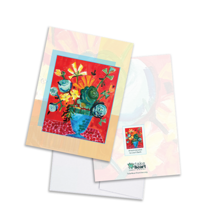 Front of greeting card with a painting of a orange, blue, green, and yellow abstract floral arrangement in a blue vase.