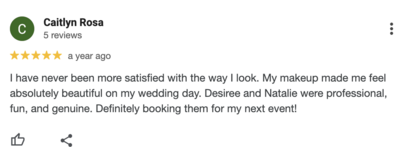 Client review praising natural glam bridal makeup by Skinlux Beauty Bar.