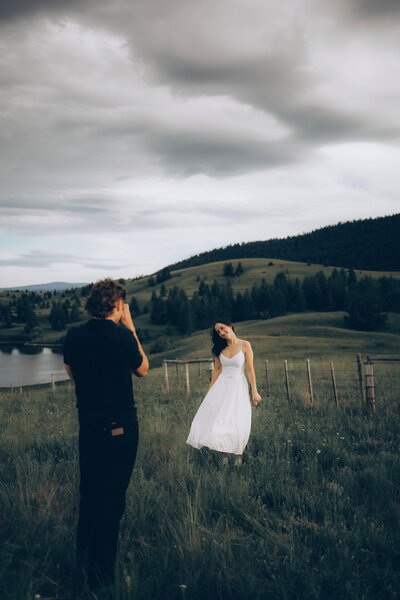A flower meadow golden hour engagement session in Chilliwack, British Columbia