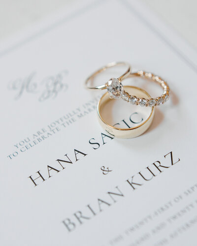 flat lay of wedding invitations and rings