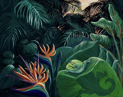 Painting of a green ghecko peeking over a big leaf in a dense tropical forest