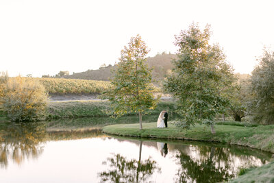 Bride and groom kiss at sunset on their wedding day beside a lake with their reflection framed between two trees