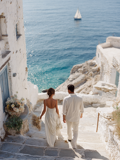 Bride and groom walk up memorial steps at their DC wedding