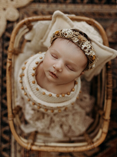 Father holds his newborn baby girl while the mother kisses her forhead.