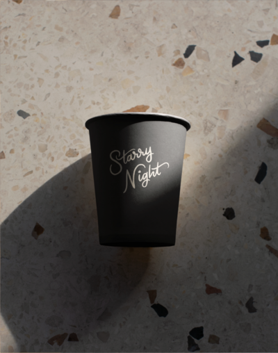 Close up of cup design for Starry Night Espresso Cafe- Marrow Design