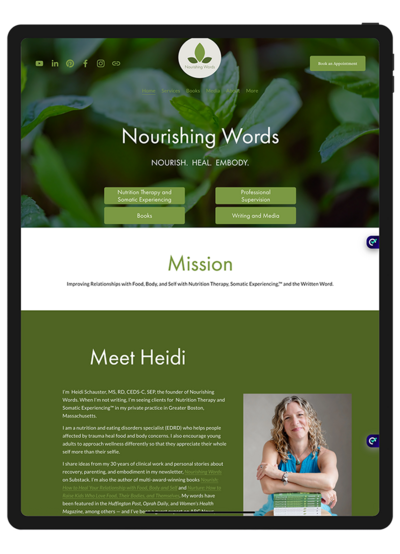 Website design for "Nourishing Words" before the refresh, showcasing the original layout and color scheme.