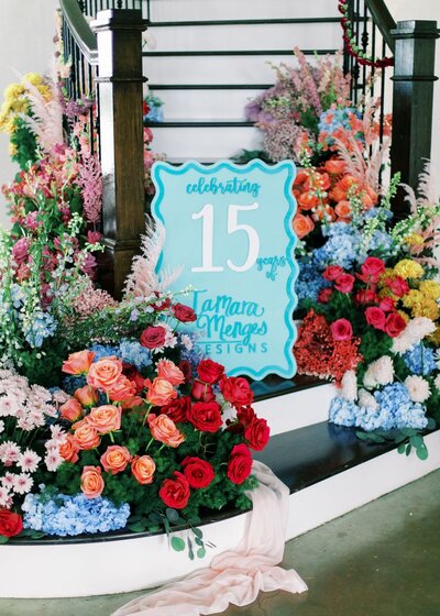 Colorful floral display celebrating Tamara Menges Designs 15th anniversary