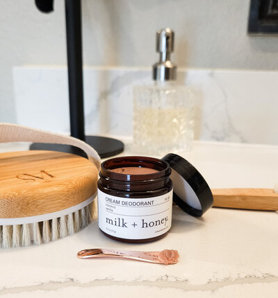 natural cream deodorant on bathroom counter safe non-toxic good for hormonal health
