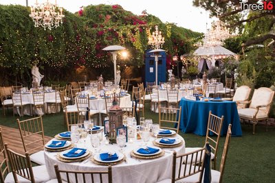 Outdoor wedding reception setup in the backyard at the Wilcox Manor in Tustin, CA