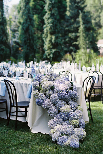 Blue Hydrangea florals for wedding table scapes.