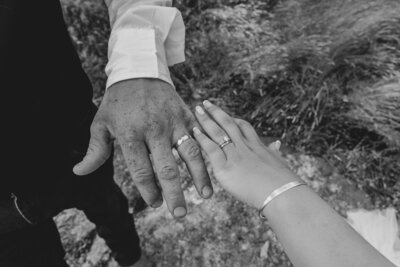 Close-up of a couple’s hands showing wedding rings.