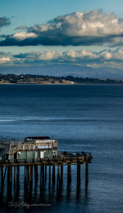 Capitola Wharf House Restaurant before getting hit by the “bomb cycle” storm of January 2023, with Monterey Bay and Aptos Seascape, CA in the horizon.