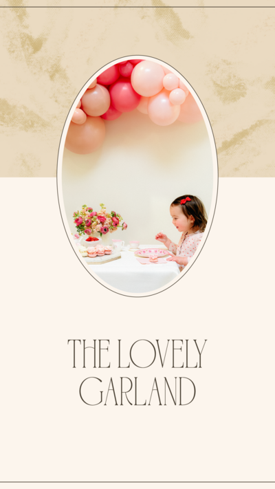 Image of a little girl with cake and balloons in an oval frame above The Lovely Garland logo on top of a tan texture background