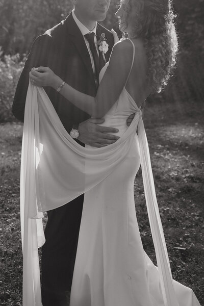 close up black and white photo of bride and groom