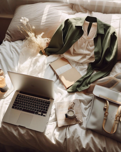 Flat lay of a cozy sales workspace with laptop, planner, accessories, and stylish outfit on a bed