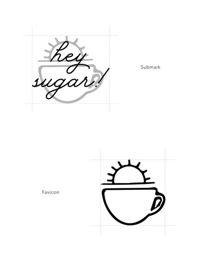 Sugar Bean submark reading ‘hey sugar!’ in script over illustrated coffee cup, and favicon icon with sun rising from a cup — clean, playful branding elements.