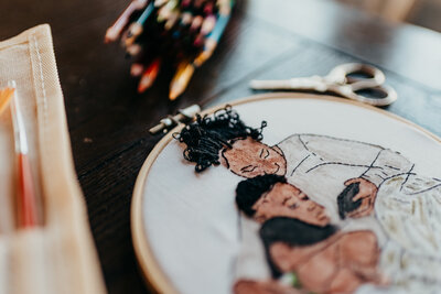 hand embroidered portrait of siblings