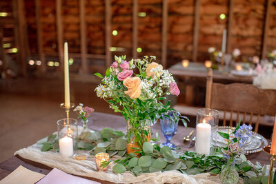 Close-up of a wedding table centerpiece with flowers