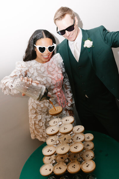 bride and groom with white bouquet