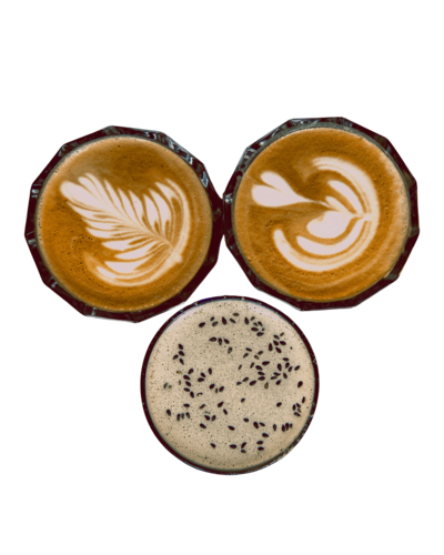 above shot of three trilogy kauai coffee drinks
