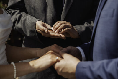 Annapolis Valley wedding officiant holds the couple's wedding bands. 