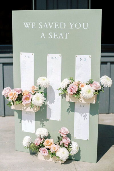 Large seating chart for wedding at Moonlight Basin with floral boxes.