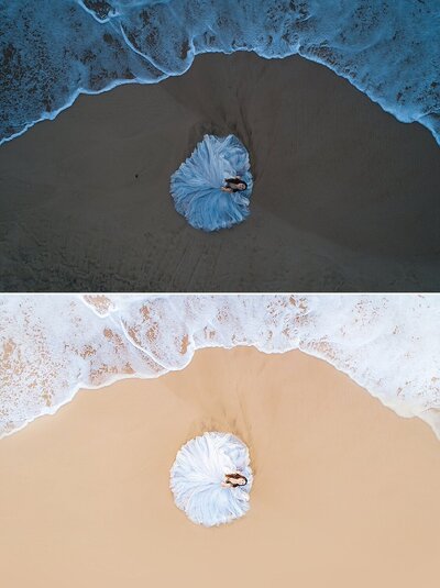 before and after photo of a trash the dress photo session displaying the pictures before and after editing