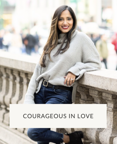 Syeda Neary, dating coach, leaning against a wall with the text, Courageous In Love