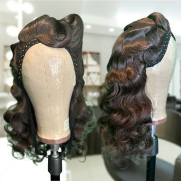 Front and side views of a custom-styled brown synthetic lace front bridal wig with vintage waves, styled in Las Vegas for secure, photo-ready wear.
