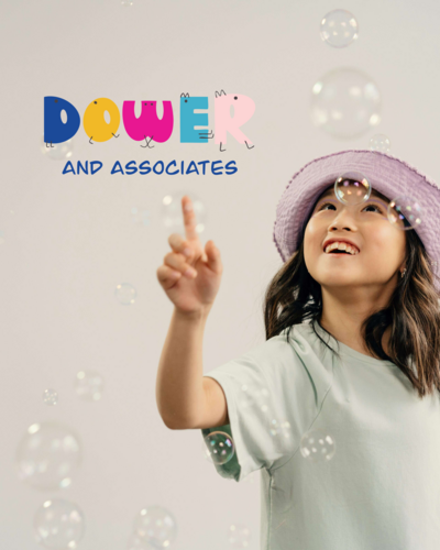 Young girl in a light shirt and purple hat smiles and points at bubbles, with "Dower and Associates" and Sweet Pea Ink Creative web design above her head.