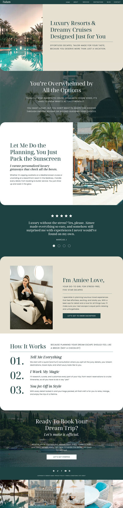 Homepage screenshot of Tulum Showit website template for luxury travel consultants