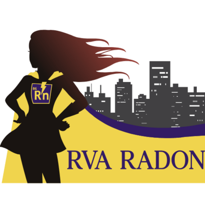 logo of rva radon with a superhero female in a yellow cape with purple edging and red hair against a background of rva skyscape