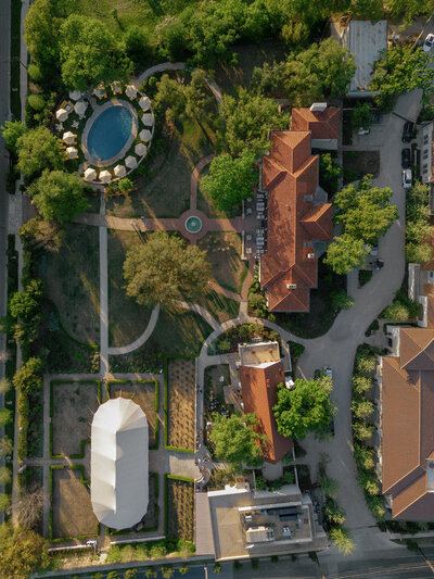 Overhead image of Commodore Perry property in Austin with tent for wedding