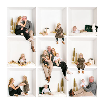 Family of five posing inside Christmas Box photo set with gold holiday décor during Columbia SC Christmas photography session.