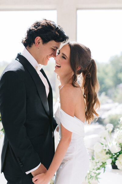 Bride and groom walk up memorial steps at their DC wedding
