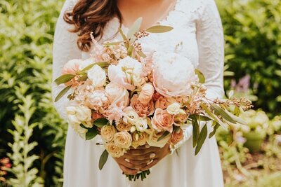 Blush and Peach, Peony and Rose Bouquet - Just Bloom'd Weddings is a bespoke wedding florist in Sudbury, MA servicing couples in New England for 35+ years.