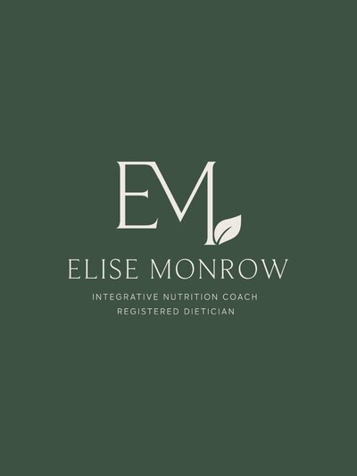 Primary logo for Elise Monrow, Integrative Nutrition Coach and Registered Dietitian, featuring refined serif initials with a subtle leaf icon, set on a rich forest green background.