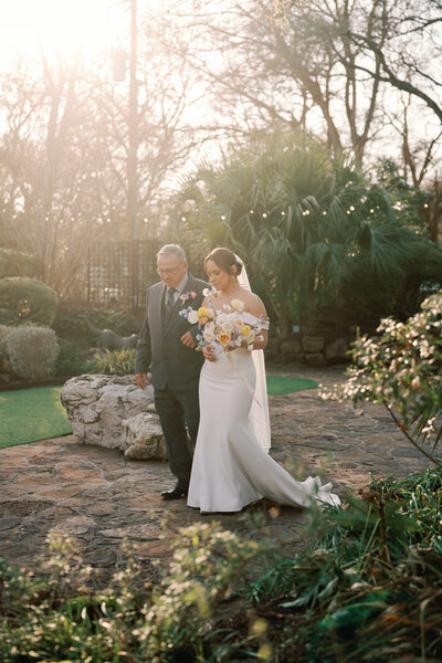 A bride and her father before her wedding ceremony at Hummingbird House in Austin, Texas