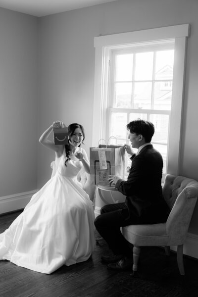 bride and groom eating mcdonalds on the morning of their wedding 