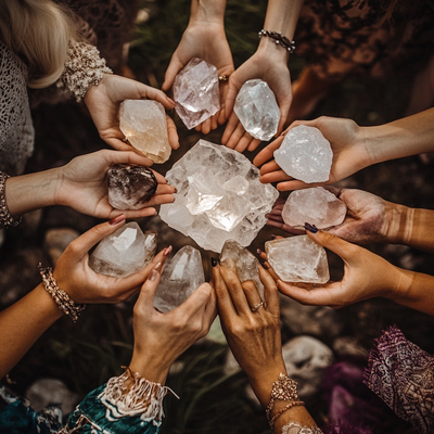 A circle of womens hands holding crystals