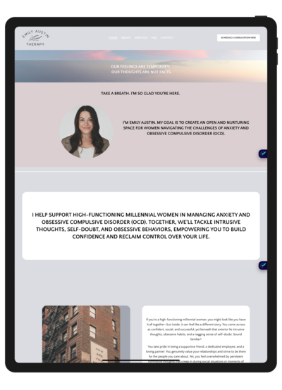 Before screenshot of Emily Austin Therapy’s homepage displayed on an iPad, showing the previous design layout with outdated colors and typography, prior to the redesign.