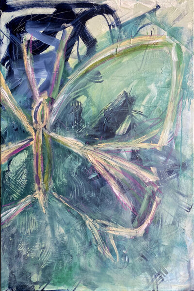Abstract painting with green, pink, and blue