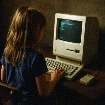 Dishwater blonde girl playing on an early stage Apple computer.