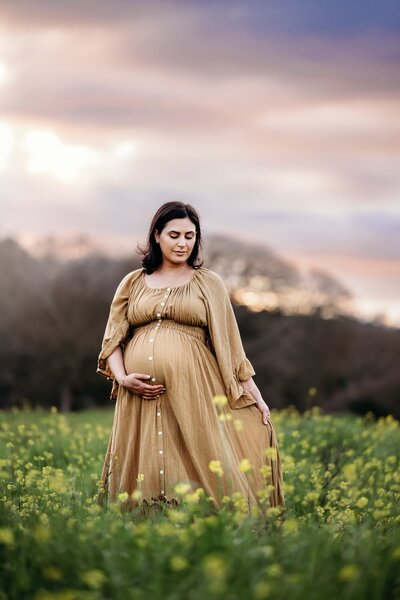 pregnant mom looking into sun with mountains in background